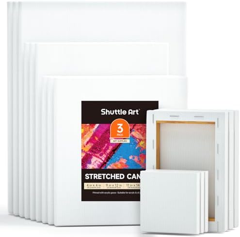 Shuttle Art Canvas for Painting, 15 Pack Multi-Size 4x4/5x7/8x10/9x12/11x14 Inch, Stretched Canvas, 100% Cotton, Primed White Blank Art Canvases, Ideal for Acrylic Oil Acrylic Pouring