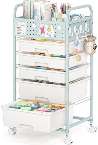 5 Drawer Rolling Storage Cart with Pegboard Top and Hooks, Green