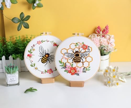 Konrisa Embroidery Kits for Adults Beginner, European Style Bees Collect Honey Stamped Embroidery Starter Kit,DIY Sewing Practice, Needlepoint Cross Stitch Kit,Set of 3