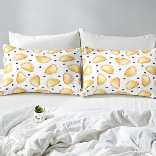 Dumplings Bed Sheet Set Full Size Chinese Style Traditional Food Mattress Cover Blueberry Sheets for Boys Girls Bedroom White Yellow with Flat,Fitted Sheet Pillowcase 4Pcs