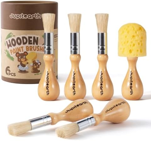 JUPITEARTH Natural Wood Handle Paint Brushes for Kids, 6-Pack