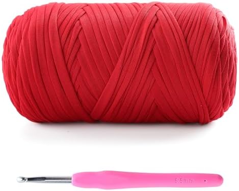 Tshirt Yarn for Crochet - 400 g/130 yds T Shirt Yarn for Crocheting Bags/Baskets/Home Decor - Soft Elastic Fabric T-Shirt Yarn with 1 Crochet Hook (1, Red)