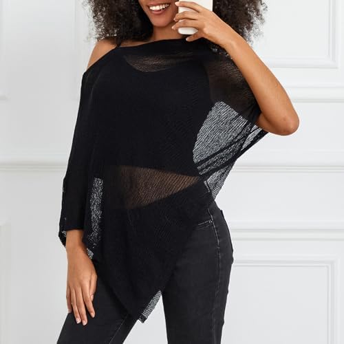 Women Sheer Knit Poncho Top Beach Cover Up Lightweight Crochet Shrug Y2k Summer See Through Shawl