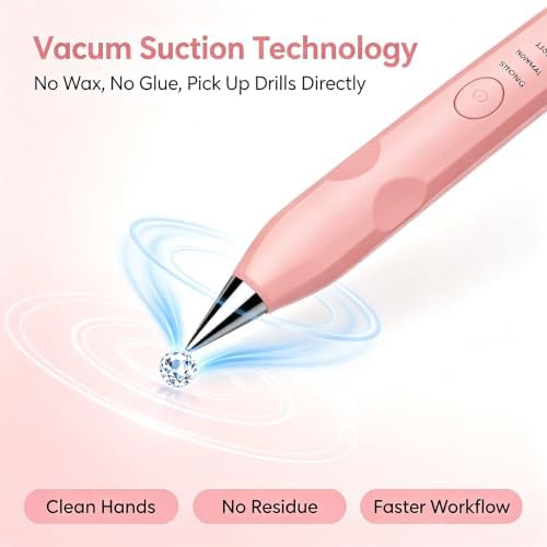 MKLAYB Electric Diamond Drawing Pen Kit, 3 Adjustable Suction Modes Rechargeable Vacuum Diamond Art Diamond Pen with 4 Replacement Heads, No Wax Required 5D Diamond Drawing Tool Accessories (Pink)
