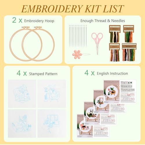 4 Sets Black Cat Embroidery Kit for Beginners with Tool Set Cat Pattern