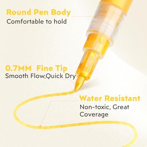 HOTU 5 Pack Super Gold Paint Markers - Metallic Gold Acrylic Paint Pens Glitter Extra Fine Tip 0.7mm for Black Paper,Wood, Rock Painting, Glass, Fabric