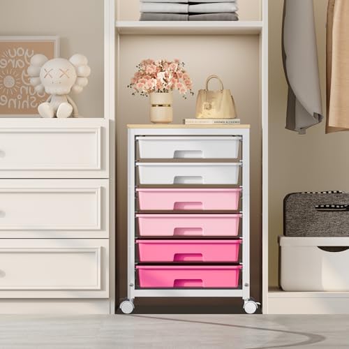 Sykiariol Rolling Cart with 6 Drawers,Pink