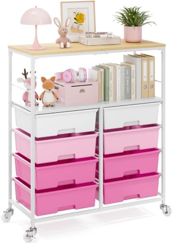 APEXCHASER Rolling Storage Cart with 8 Large Drawers, Wooden Tabletop