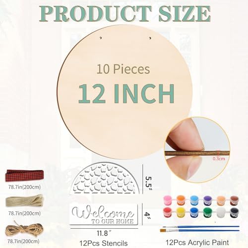 12 Inch Wood Circles for Crafts, 10Pcs Unfinished Wood Rounds with 12Pcs Welcome Stencils & Painting, DIY Wooden Crafts for Door Hanger, Wood Burning, Painting, Gifts for Independence Day Home Decor