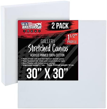 U.S. Art Supply X-Large Stretched Canvas for Painting 30x30 inch Gallery Depth 1-1/2" Thick, 2-Pack - 12oz Acrylic Gesso Triple Primed, Professional Artist Quality, 100% Cotton - Oil, Pouring Paint