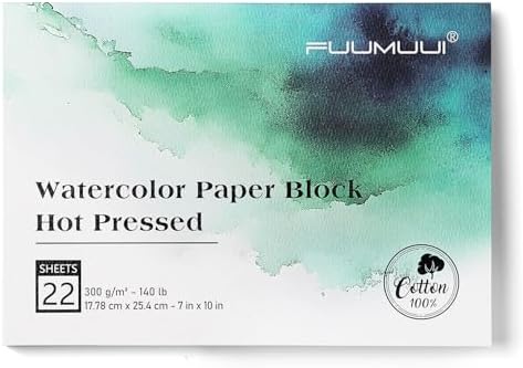 Fuumuui Watercolor Paper Block 7x10 Inch, Smooth Surface 100% Cotton Watercolor Paper, 22 Sheets, 140lb/300gsm, Hot Press, Acid-Free, Art Paper for Painting & Drawing, Wet, Mixed Media