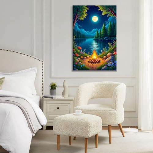ATDMS Landscape Paint by Numbers Kit for Adults with Frame Moon Paint by Number with Easel Lake Adult Paint by Number Kits Framed Canvas DIY Oil Painting by Numbers for Gift Home Wall Decor 8x12 Inch