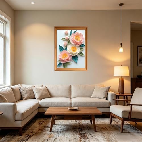 USZDL Peony Flowers Diamond Art Kits for Adults,DIY Round Full Drill 5D Diamond Painting Kits for Beginners,Pink Floral Diamond Dots Paintings Picture Gem Art Kits for Adults,Home Wall Decor 12X16 in