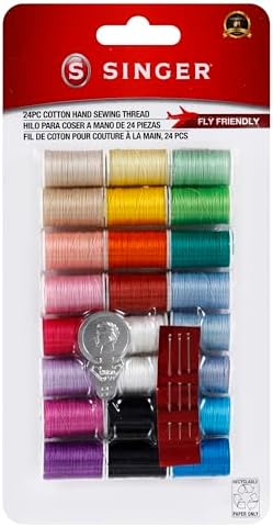 SINGER Mercerized Cotton Hand Sewing Thread Pack - 24 Assorted Colors, 10yds/ea, Mini Spools of Thread, Includes Hand Needles & Threader, Travel Friendly