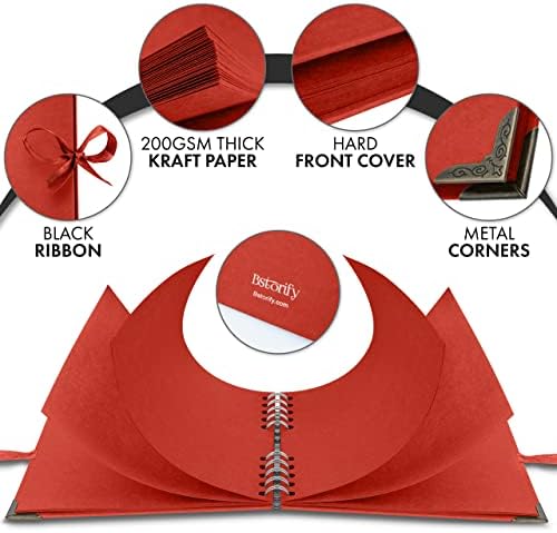 Bstorify Square Scrapbook Photo Albums 7 x 7 Inch Red Thick Paper, Hardcover, Metal Corners, Ribbon Closure - Ideal for Your Scrapbooking Albums, Art & Craft Projects | Hardcover with Thick 200 GSM Kraft Paper, Ideal for Your Scrapbooking Albums, Art &...