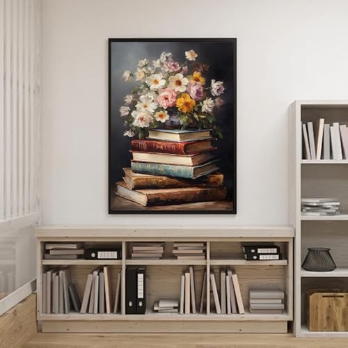 RYMILIE Diamond Art Kits for Adults Vintage Flowers and Books 12x16inch | 5D Stress Relief Diamond Painting Kit for Beginners, DIY Full Round Drill Gem Art Crafts for Home Wall Decor Gift