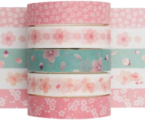 5 Rolls Pink Washi Tape Set Cherry Blooms Creative Basic Skinny Decorative Tapes for Arts, DIY Crafts, Journals, Planners, Scrapbooking, Wrapping (Sakura)