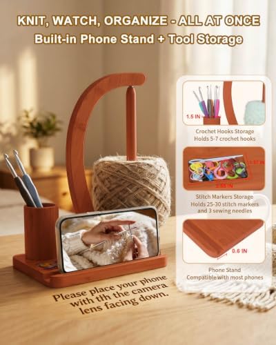 SPEENSUN Magnetic Bamboo Yarn Holder with Phone Stand, Walnut Finish