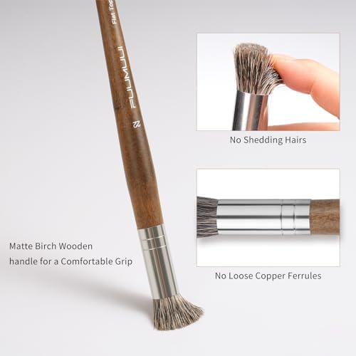 Professional Oil Paint Brushes, Fuumuui 5Pcs Natural Badger Bristle Blending Brush Set for Acrylic, Oil and Gouache - Round Flat Top Shape with Birch Handle