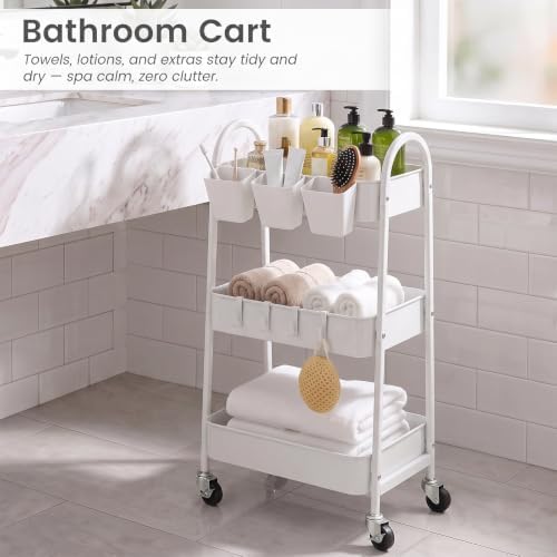danpinera 3-Tier Rolling Cart, Utility Cart Mobile Metal Rolling Storage Cart with Lockable Wheels & Hanging Cups & Hooks for Kitchen, Bathroom, Office, Workshop, White