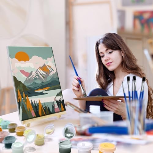 JOOZ 4 Pack Paint by Numbers Kit for Adults with Frame Mountain Landscape Paint by Number with Easel DIY Lake Adult Paint by Number Kits Sunset Easy Oil Painting Kits for Home Wall Decor 8x12 Inch