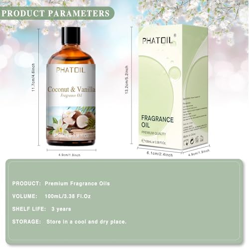 PHATOIL Coconut & Vanilla Fragrance Oil for Diffuser Aromatherapy 3.38FL.OZ | Long Lasting Scented Oils For Humidifier, Air Freshener, DIY Soap Candle, Scent Project Making, Aroma Oil for Home Freshening