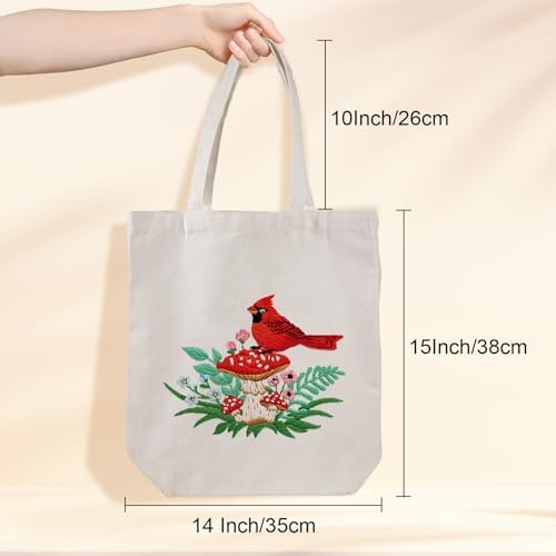 Louise Maelys Embroidery Kit, Cardinal Mushroom Canvas Tote Bag Craft Set