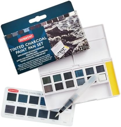Derwent Tinted Charcoal Paint Pan Set, 12 Paints, Professional Quality, Water Soluble, Blendable, Portable, Includes Palettes, Mini Waterbrush & Cleaning Sponge (2305872)