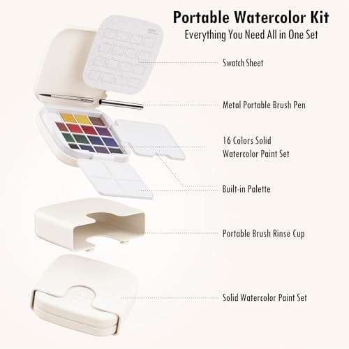 Mini Watercolor Paint Set, Compact Travel Art Kit with 16 Colors
