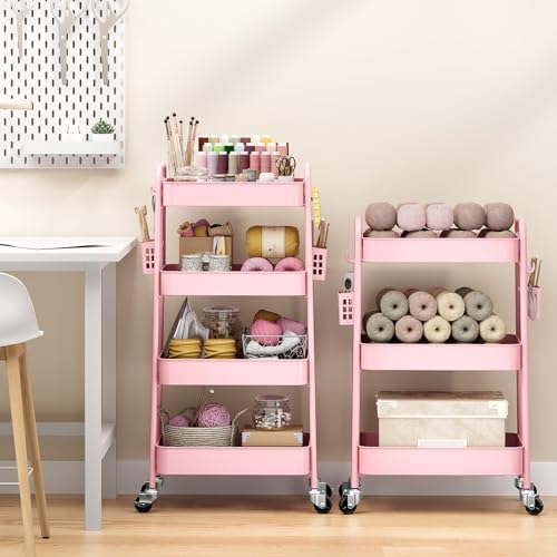 TOOLF 4 Tier Rolling Cart, Metal Utility Storage Cart with Pegboard, Pink | 2 Bins & 4 Hooks, Screwless Assembly, Lockable Wheels, Trolley Organizer for Bathroom, Kitchen, Office, Dorm, Craft Room