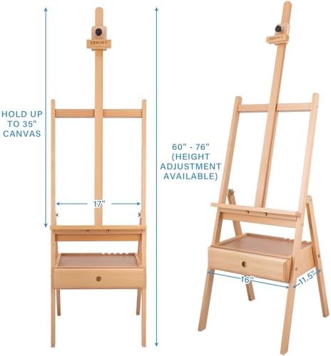 Large Beechwood H-Frame Studio Easel Stand with Storage Drawer, Natural | Height Adjustable to 35Inches High, Suitable for Painting, Sketching and Displaying