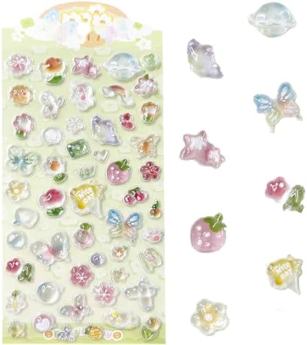 3D Cute Stickers Cartoon Butterfly Flowers Green Fruit Puff Stickers Kawaii Mini Puffy 3D Reusable Puffy for Scrapbooks Planner Journals Laptops Phone Case Decoration