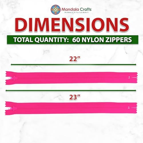 Mandala Crafts 60 PCs Hot Pink Closed-End 22 Inches Nylon Zipper for Sewing