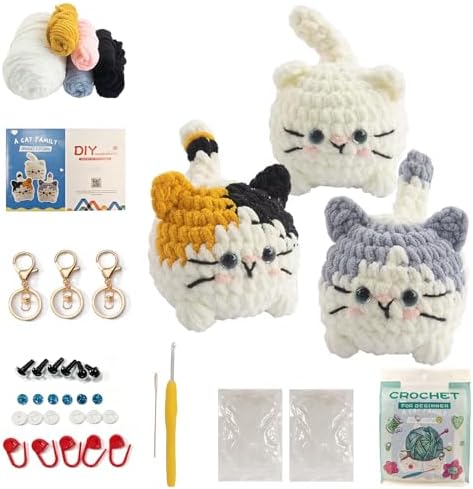 Morcolplus Crochet Kit for Beginners, 3-Pack Amigurumi Animal Crochet Starter Kit with Video Tutorials & Instruction Book, DIY Yarn Craft Kit, Gift for Cat Lovers