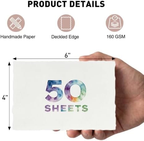 MAXECHO 50 Sheets Deckled Edge Paper 4" x 6" Handmade Textured Paper, 160 GSM Watercolor Paper for Crafts, Stationery, Invitations, Cards