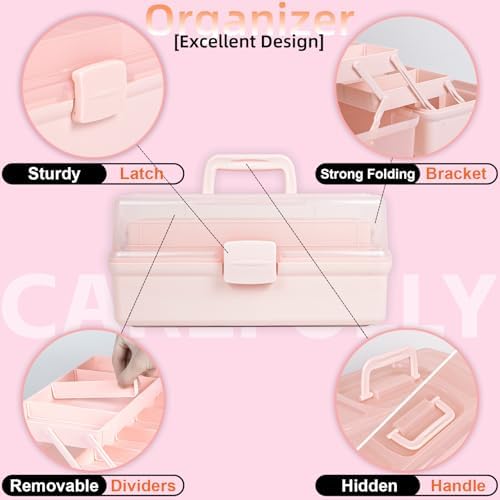 TERGOO 12.5in 3-Layer Multipurpose Craft Organizers and Storage with Adjustable Dividers, Portable Tackle Box, Folding Art & Craft Case for Medicine, Tool, Sewing Organizer (Pink)