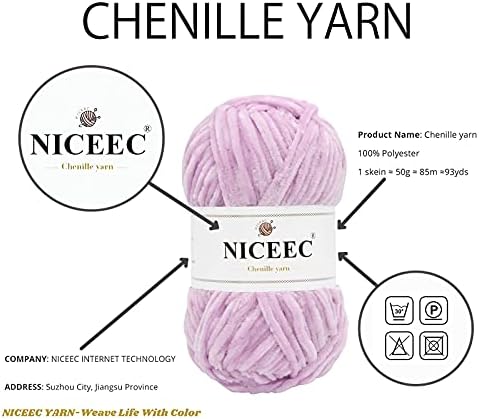 NICEEC 3 Skeins Soft Chenille Yarn 3 x85m (3X 93yds, 3X 50g)_Purple