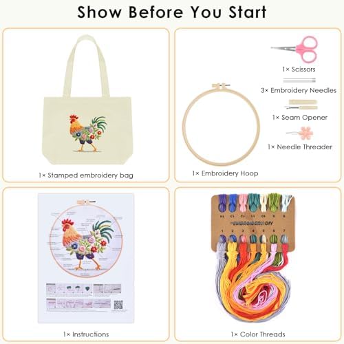 ERKOON Canvas Tote Bag Embroidery Kit for Beginners, Floral Arts Crafts Cross Stitch Kits for Adults Including Stamped Embroidery Bag with Hoops, Needle, Instruction and Color Threads (Rooster)