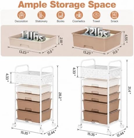 4 Drawer Rolling Storage Cart with Pegboard Top and Hooks, Brown