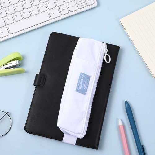 Elastic Pen Holder for Notebook, Zipper Notebook Pencil Pouch Small Pencil Holder Pouch with Adjustable Elastic Band Slim Pencils Bag Journal Pen Holders for Office Home Stationary Supplies(White)