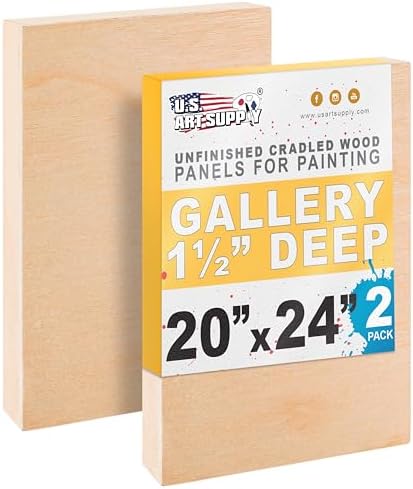 U.S. Art Supply 20" x 24" Unfinished Cradled Wood Panels for Painting | Gallery 1-1/2" Deep (2 Pack) - Artist Depth Wooden Wall Canvases - Mixed-Media Craft, Acrylic, Oil, Encaustic, Paint Pouring