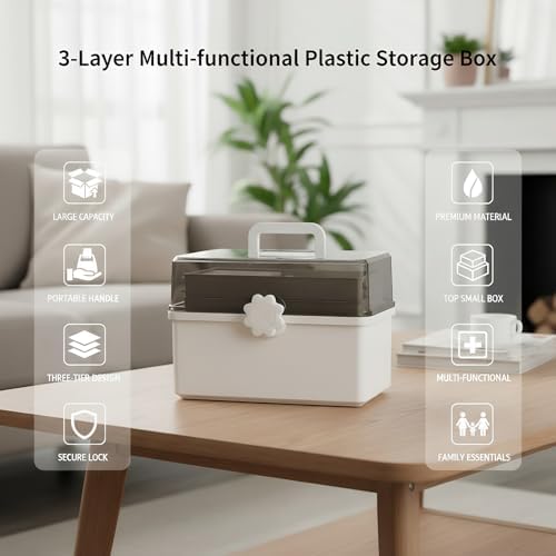 Pulseplay 3-Layer Plastic Art Craft Organizer Storage Box with Handle White