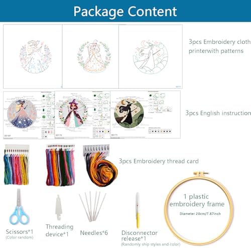 Zhenqing 3-Pack Witch Embroidery Kit for Beginners, Fantasy Magical Needlework Set with Pre-Printed Fabric, Hoop, Threads & Tools, Halloween Decor (C0181)