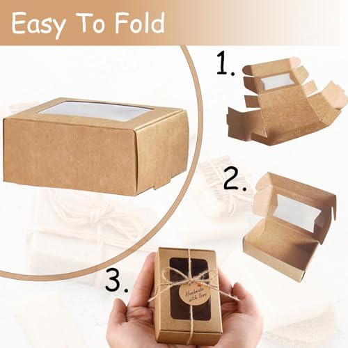 BZIDII 35Pcs Soap Boxes for Homemade Soap and tags,3.54 X 2.36 X 1.18 Inch Soap Boxes with Window,Bar Soap Packaging Kraft Box Supplies（Brown）