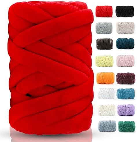 Chunky Yarn for Hand Knitting- Velvet Chenille Tube Yarns- Jumbo Yarns for Blankets, Pet Beds, Machine Washable (0.66 Lb/18.59 Yd), Easy No-Tool Arm Knitting & Crochet Project Yarn (Bright Red)