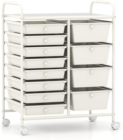 LDAILY 12 Drawer Rolling Storage Cart, Rolling Cart with Drawers for Classroom, Art Supply Craft Organizer on Wheel with Metal Frame & Handles for Home Office School (White, 12 Drawer Left-Right)