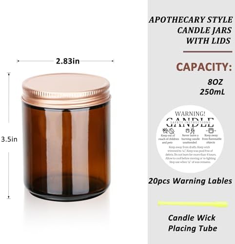 MILIVIXAY 20 Pack 8 OZ Thick Glass Dark Amber Candle Jars with Rose Gold Lids-Bulk Empty Candle Jars for Making Candles-Canning Jar for Spice, Liquid, Sample- Dishwasher Safe.