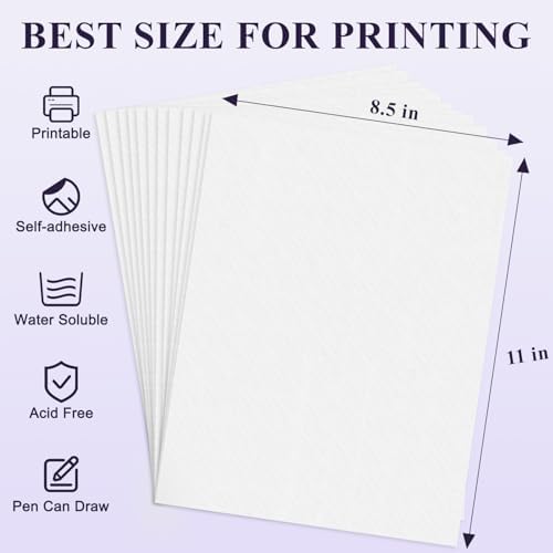 Printable Embroidery Transfer Paper 8.5"x11", 12 Pcs Sticky Water Soluble Embroidery Stabilizer Printable Paper Stabilizer, Away Stabilizer for Hand & Machine Embroidery.