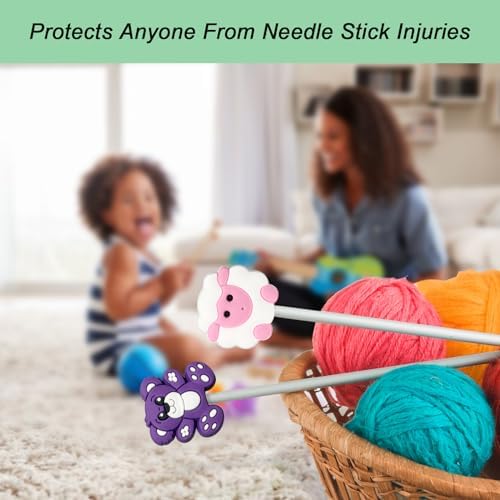 Yzzyemn 10pcs Adult Knitting Needle Stoppers and Knitting Accessories Kit with Bear and Sheep Design in Size 0-5