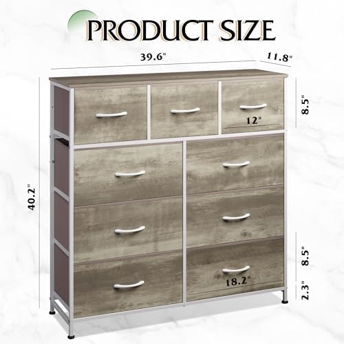 WLIVE Tall Dresser for Bedroom, 9 Drawer Chest of Drawers, Greige | 9 roomy fabric drawers, Tall storage design, Bedroom or closet use, Sturdy steel frame, Smooth wood tabletop